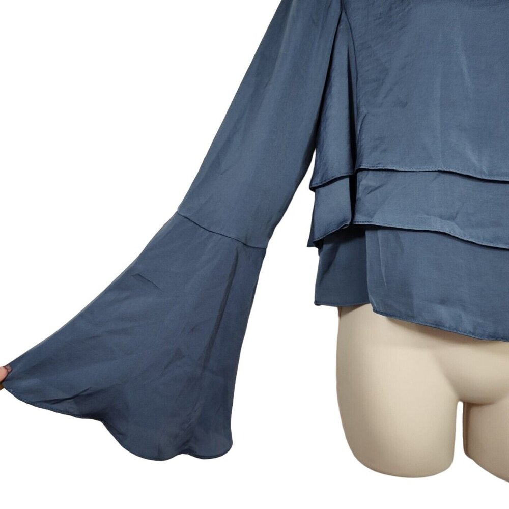 GB Blue Layered Tier Crop Top Shirt Women Size M Long Bell Sleeve Keyhole - Picture 4 of 9